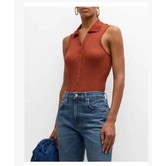 Nwt Frame Mesh Sheer Lace Sz Small Sleeveless Polo Tank Rust Textured Minimalist